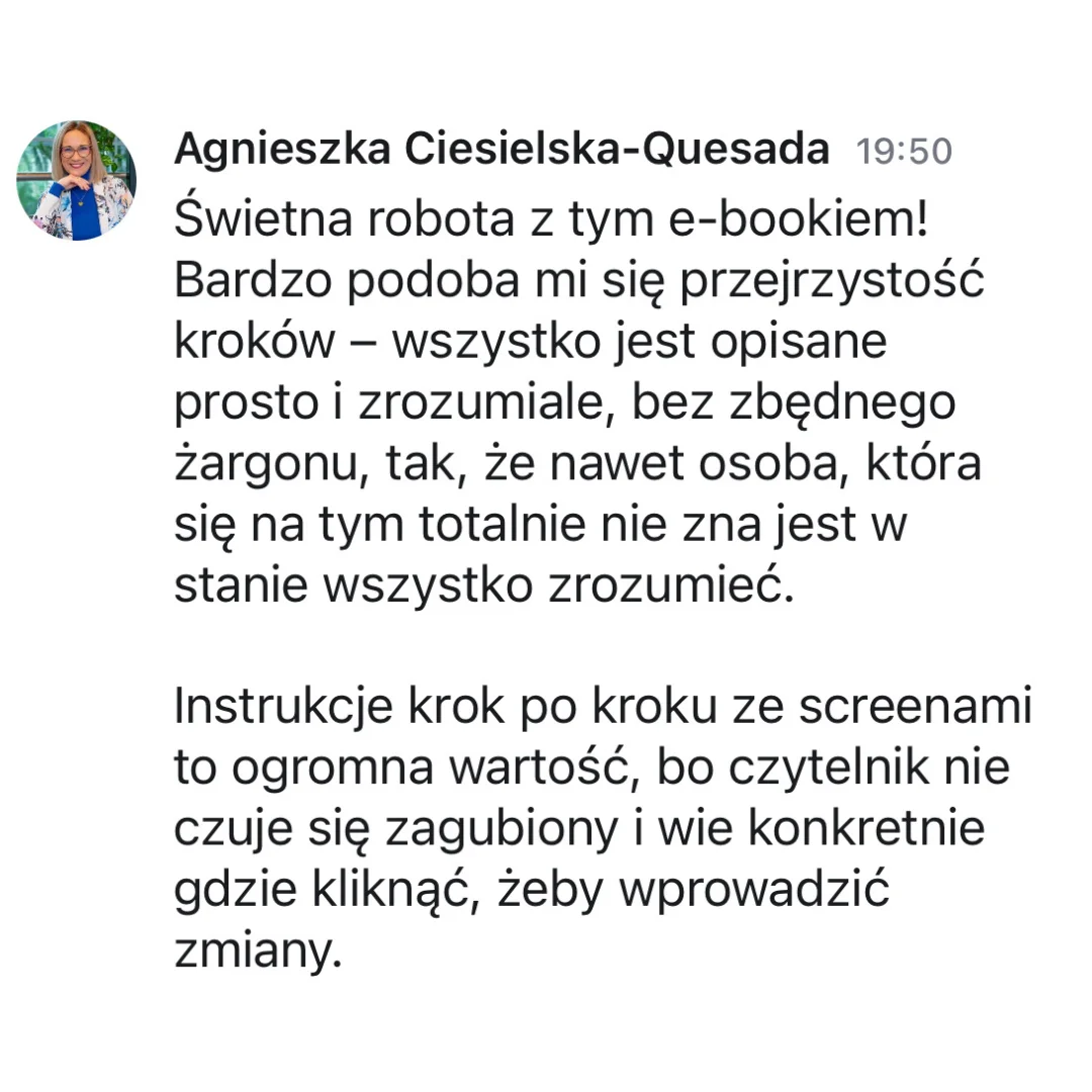 Zrzut ekranu opinii - przejrzyste kroki bez żargonu; łatwo zrozumieć i wdrożyć.