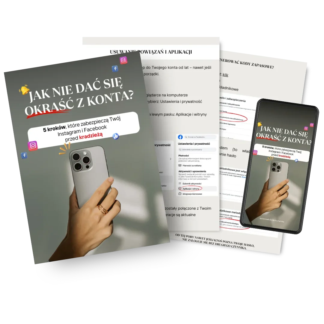 Mockup e-booka ‘Jak nie dać się okraść z konta’ - okładka, przykładowe strony i wersja mobilna.